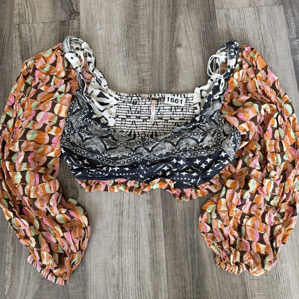 Free People Naomi Size XS Cropped Hippie Boho Festival Long Sleeve Smocked Top